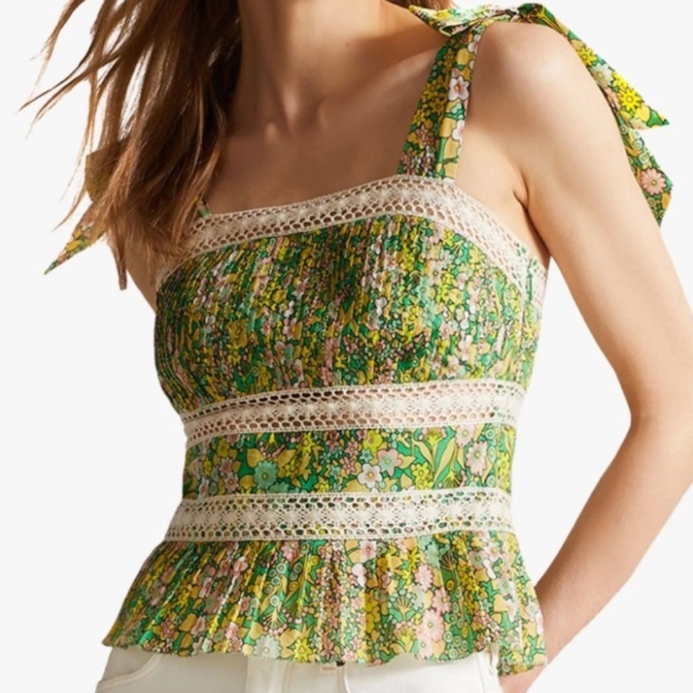 TED BAKER Pela Lace Inset Sleeveless Peplum Floral Cotton Top--NEW--M